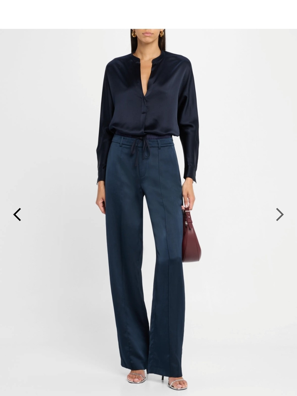 Vince Navy Silk Long-Sleeve V-Neck Blouse